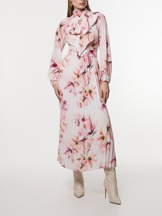 Tie Neck Woven Belted Floral Print Maxi Dress