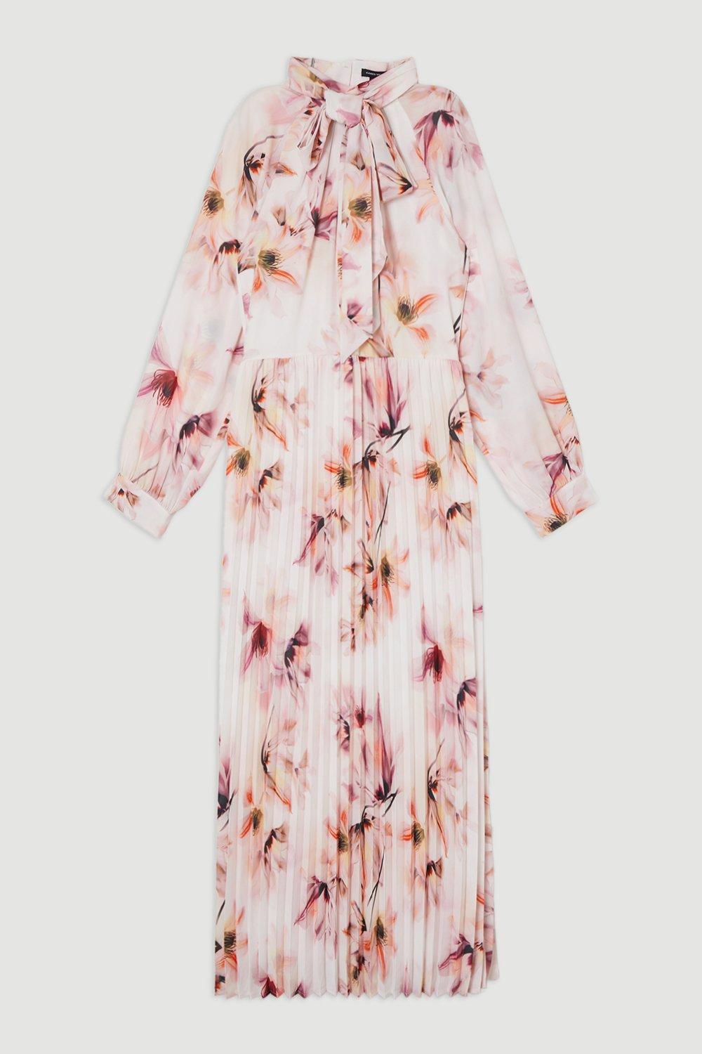 Tie Neck Woven Belted Floral Print Maxi Dress
