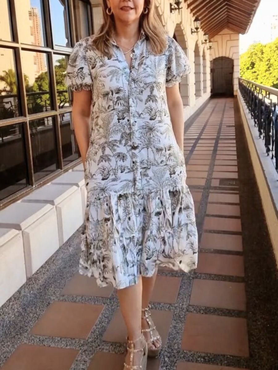Crisp Printed Button Midi Dress