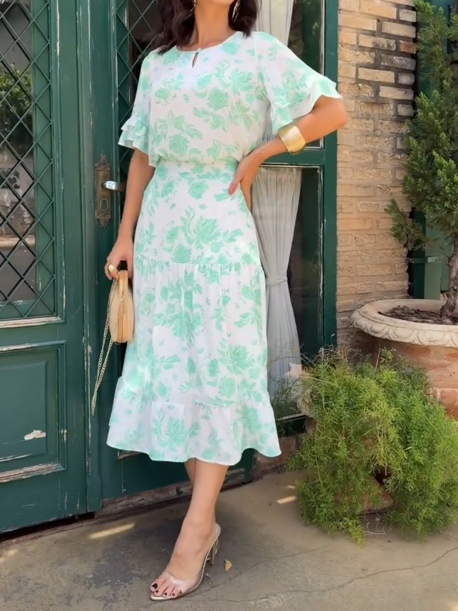 Green Floral Frill Sleeve Belt Midi Dress