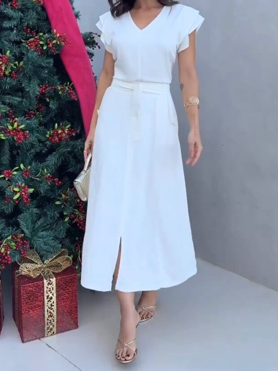 Ruffle-Shoulder Fit & Flare Midi Dress