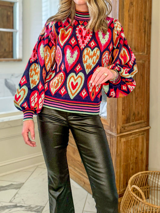 Heart Details Mock Neck Long Sleeve Sweater