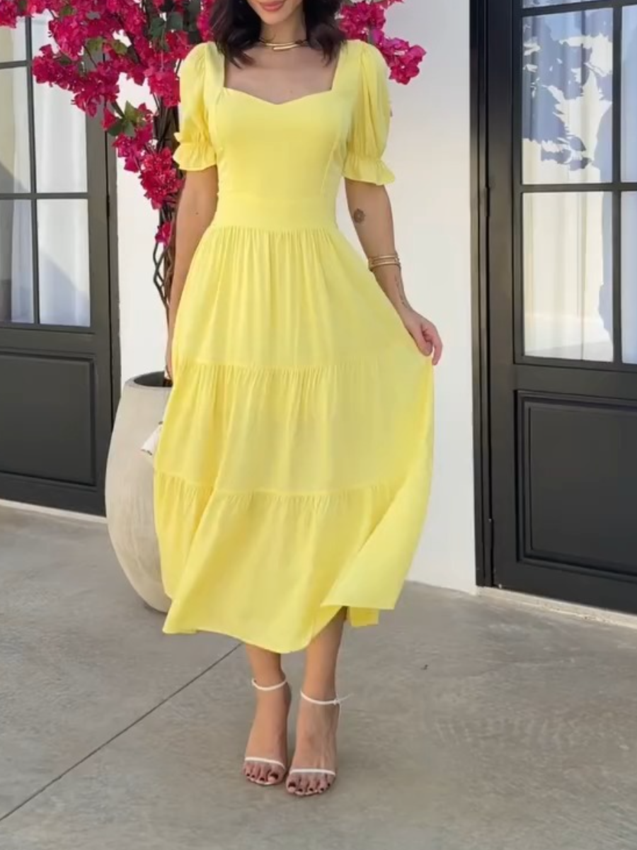 Yellow Puff Sleeve Midi Dress