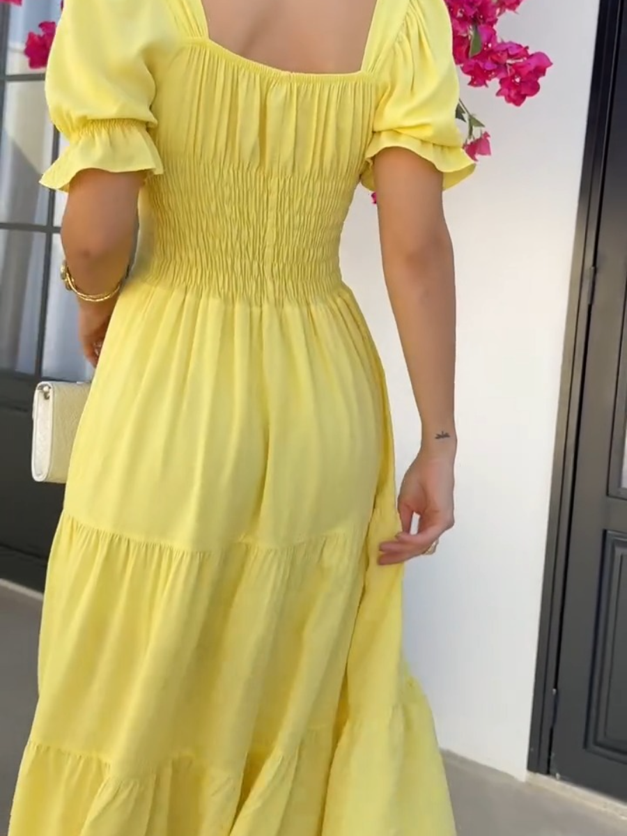 Yellow Puff Sleeve Midi Dress