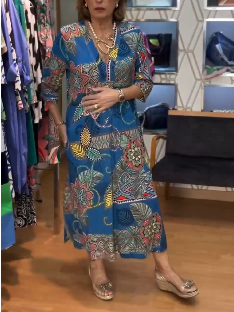 Vintage Printed V-neck Midi Dress