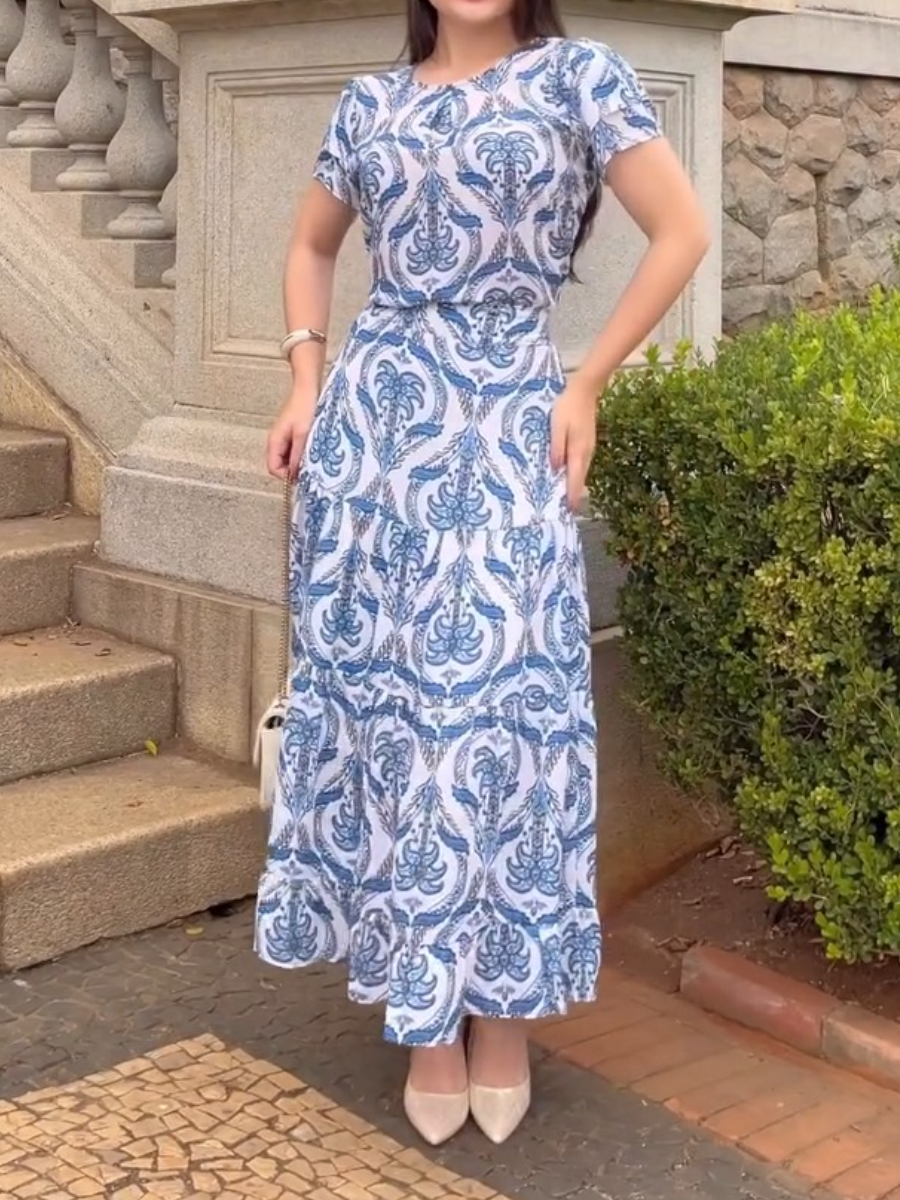 Women Elegant Crew Neck Printed Dress Set