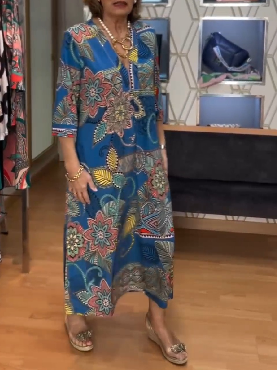 Vintage Printed V-neck Midi Dress