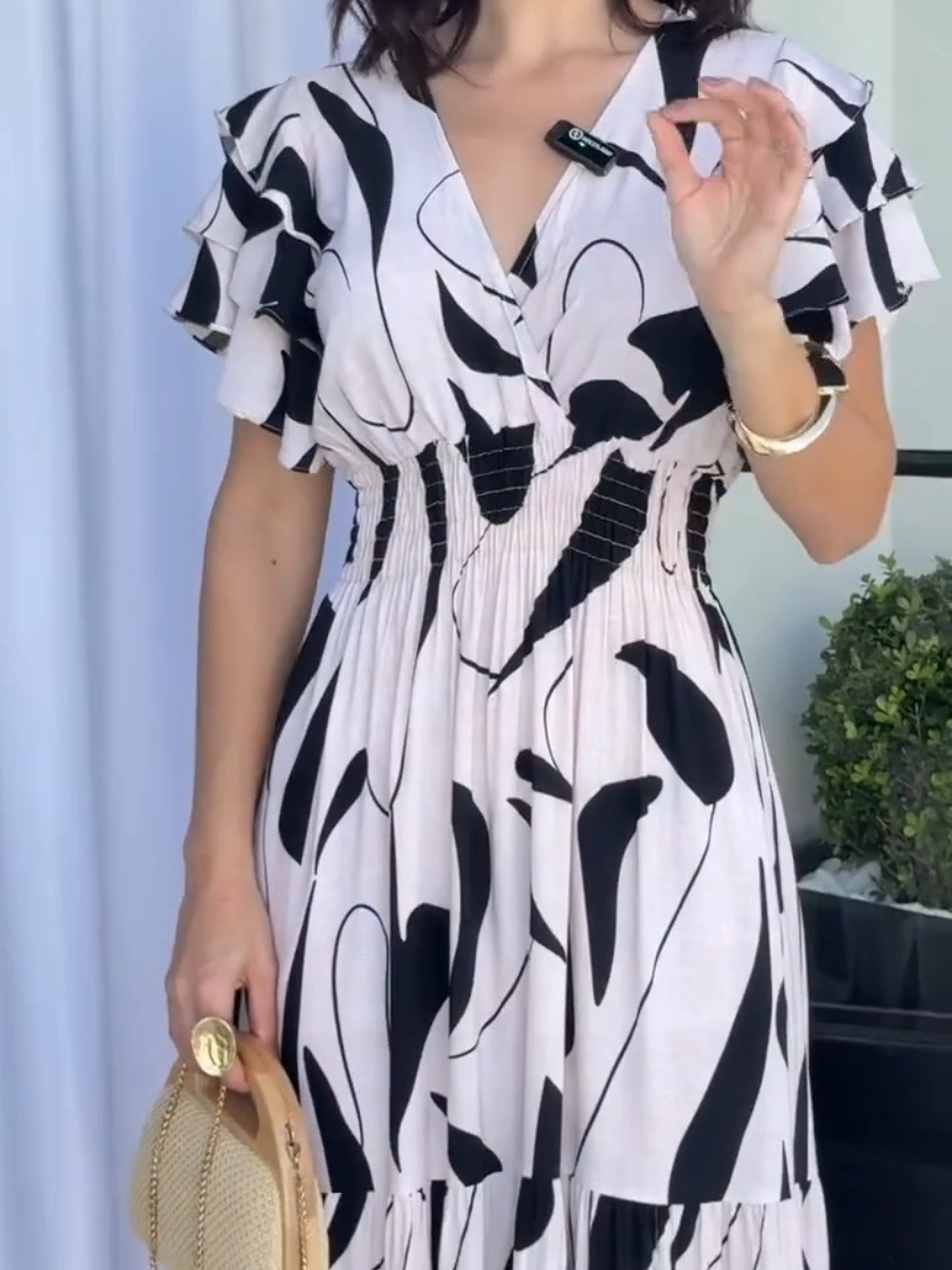 Puff Sleeve Belted Wrap Hem Midi Dress