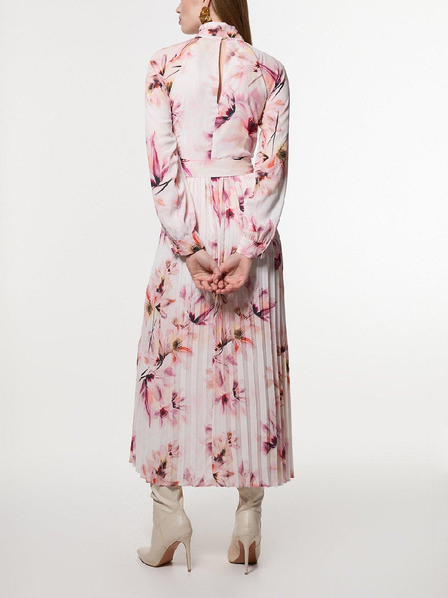 Tie Neck Woven Belted Floral Print Maxi Dress