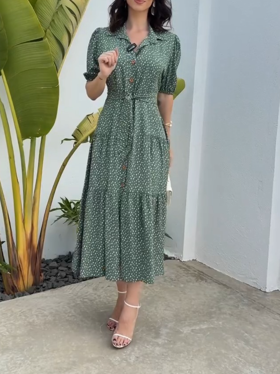 Neck Polka Dot Ruffle Hem Midi Dress
