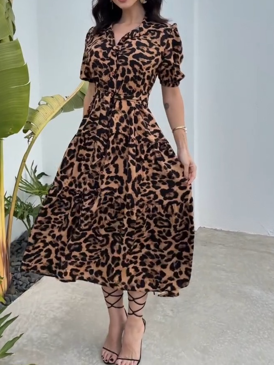 Golden Leopard Print Midi Dress