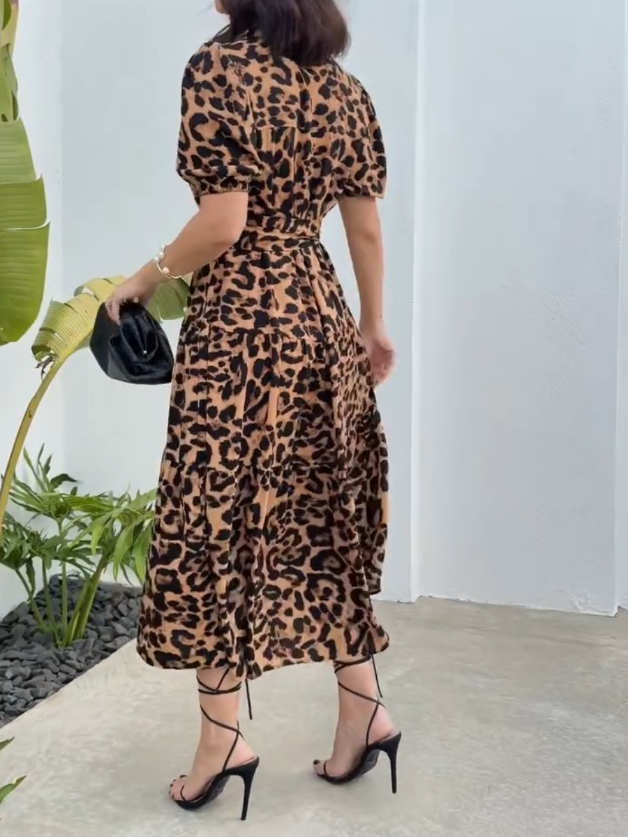 Golden Leopard Print Midi Dress