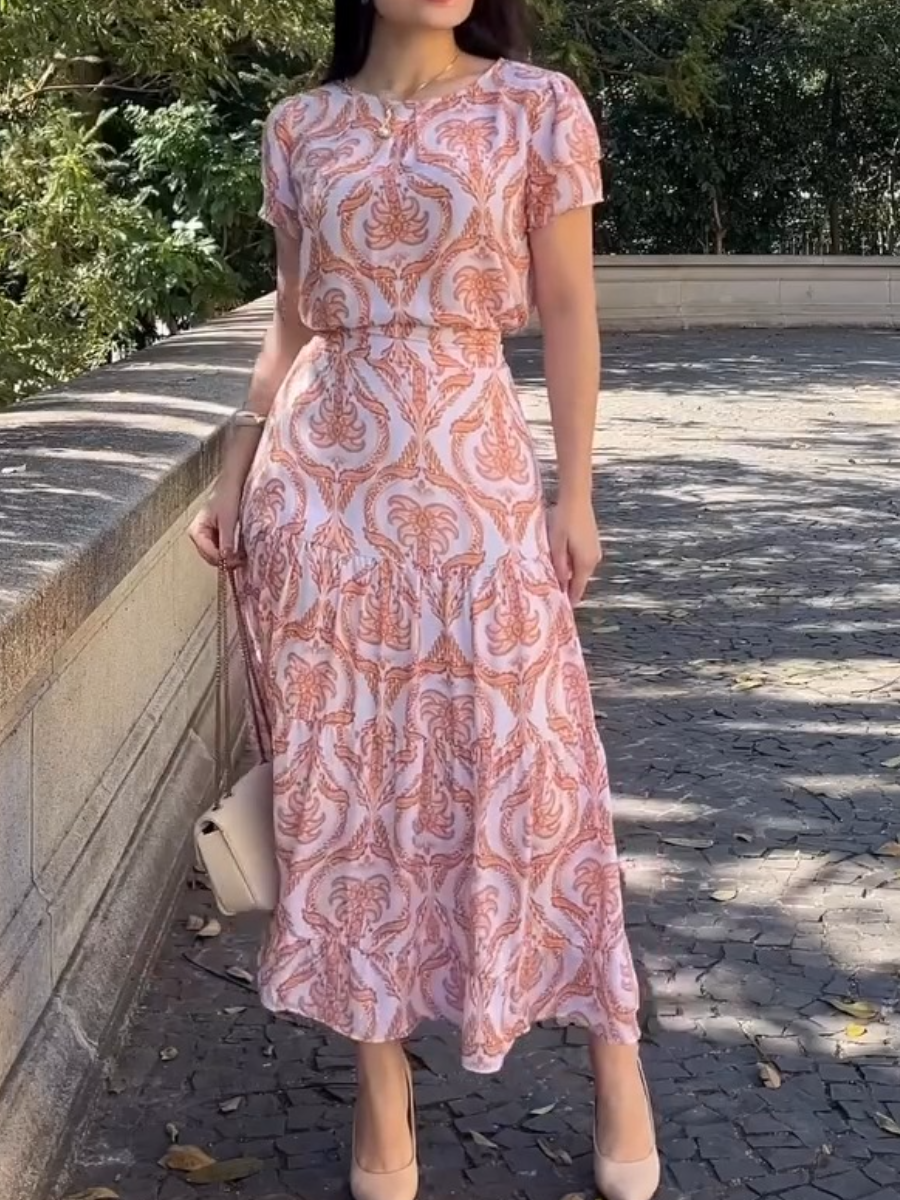 Women Elegant Crew Neck Printed Dress Set