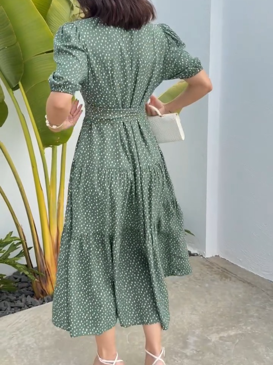 Neck Polka Dot Ruffle Hem Midi Dress