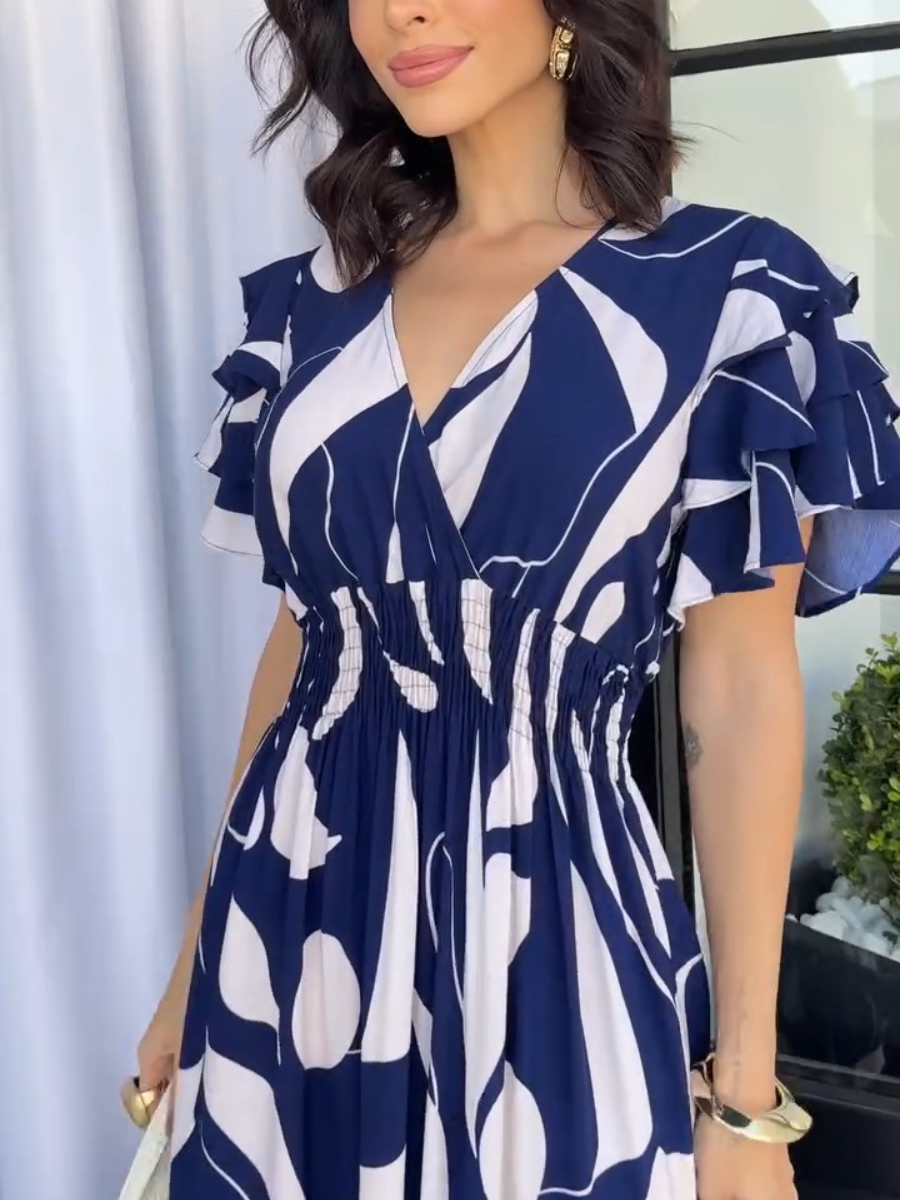 Puff Sleeve Belted Wrap Hem Midi Dress