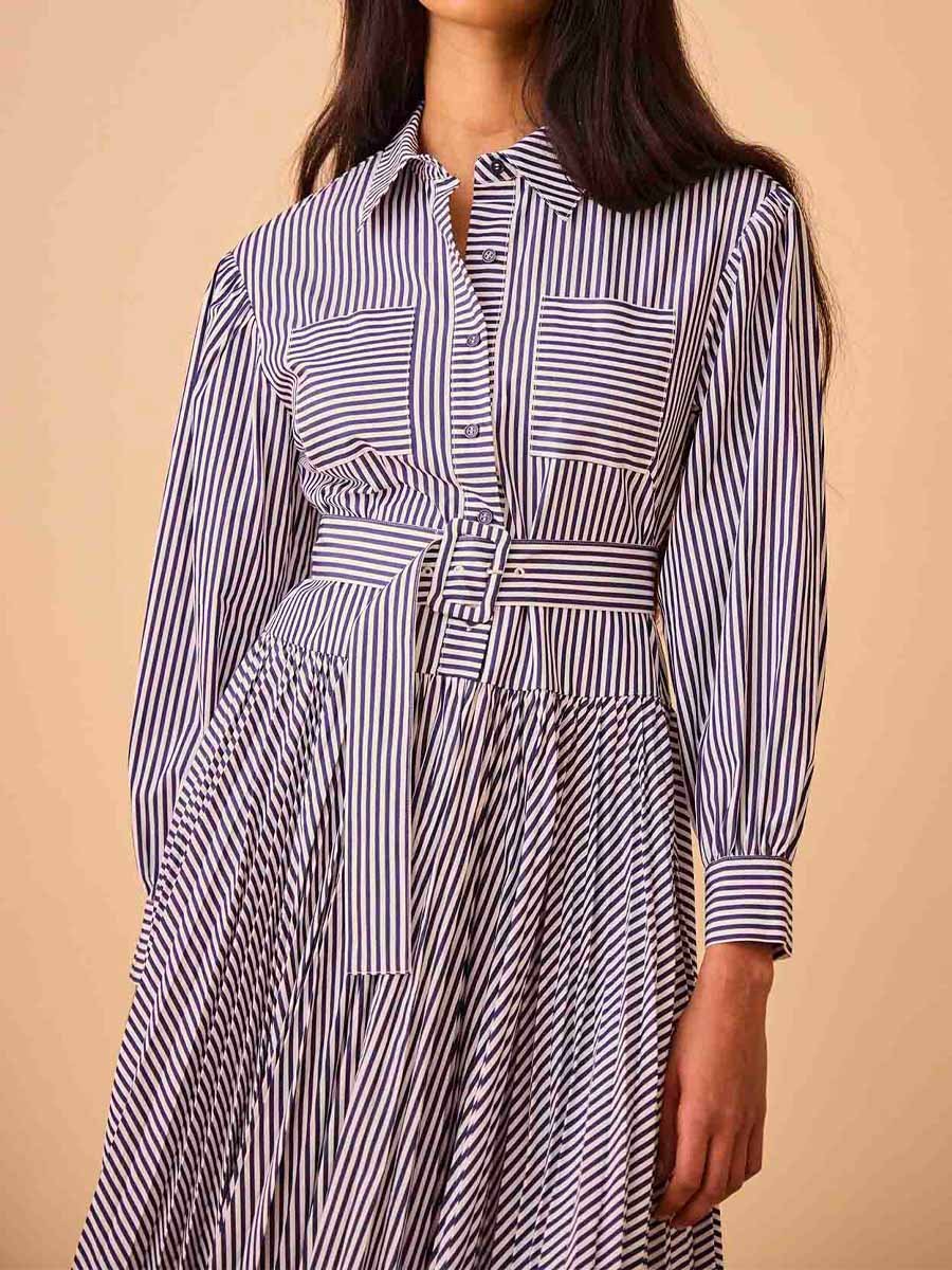 Striped Print Belted Lantern Sleeve Dress