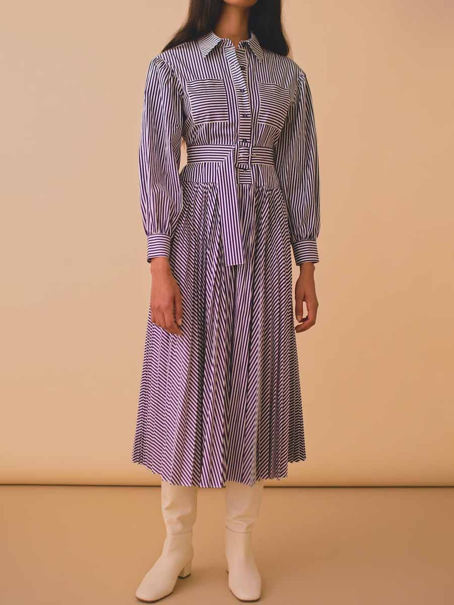 Striped Print Belted Lantern Sleeve Dress