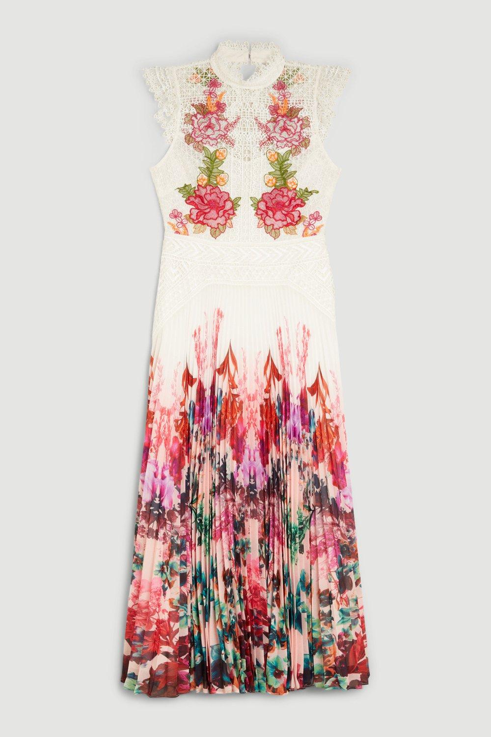 Lace Floral Pleated Midi Dress