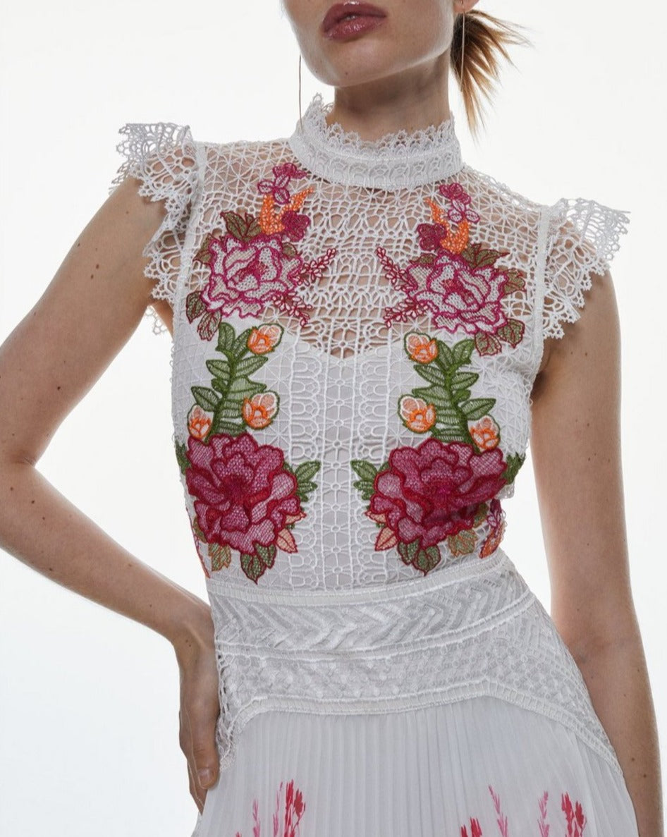 Lace Floral Pleated Midi Dress