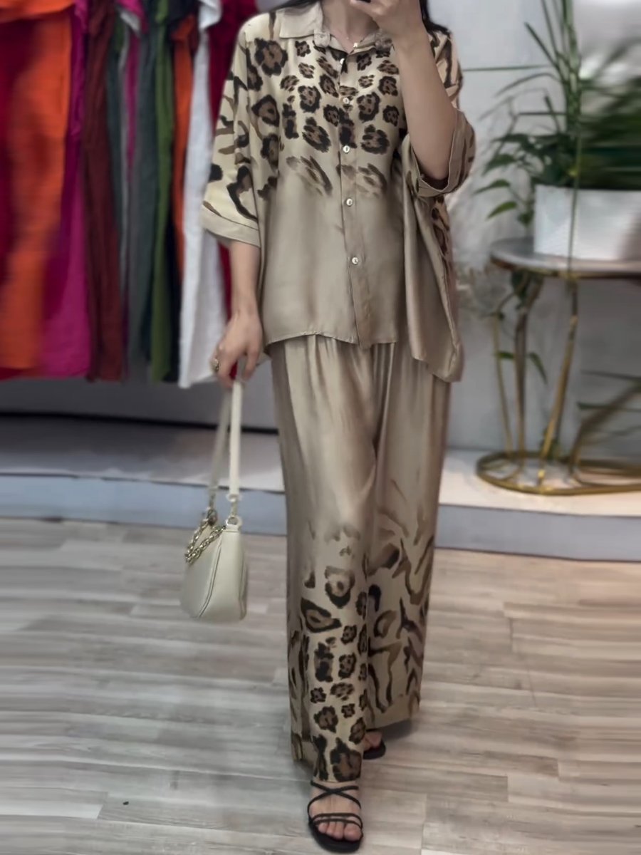 Loose Long-Sleeved Leopard Print Two-Piece Suit