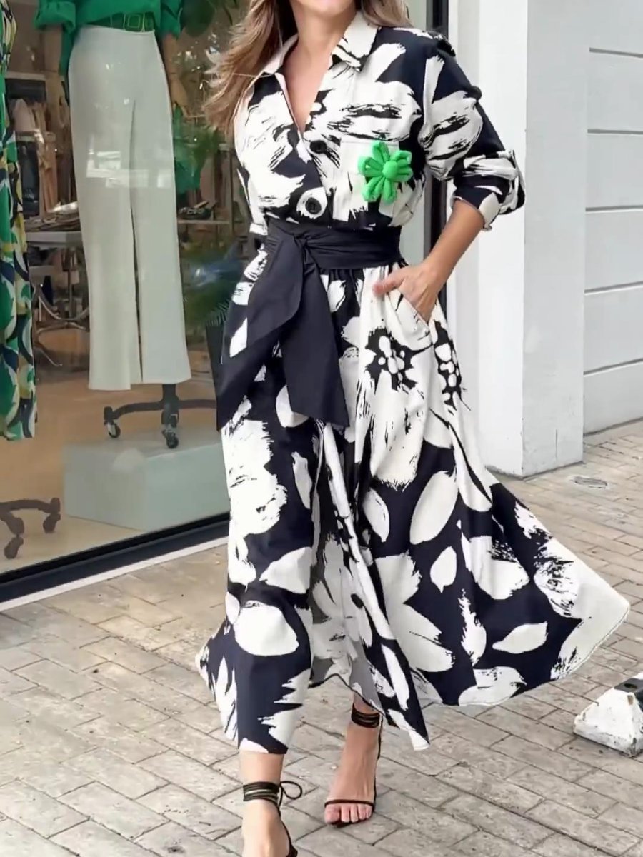 Colorblock Long Sleeve Print Dress