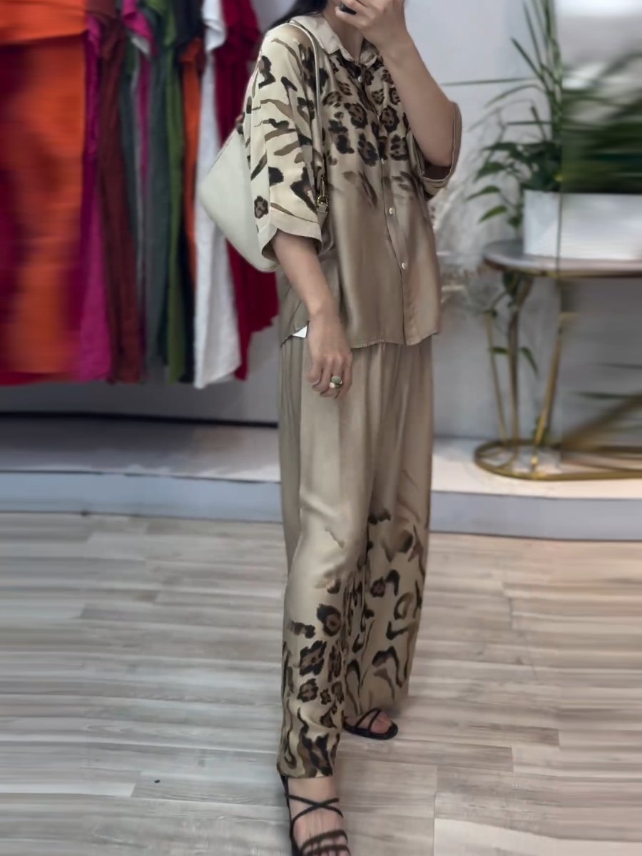 Loose Long-Sleeved Leopard Print Two-Piece Suit