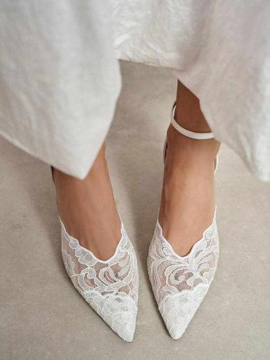 White Lace-Embroidered And Decorative Back Strap, 7–8 Cm Heel, Lace-Up Heels, Women's Shoes