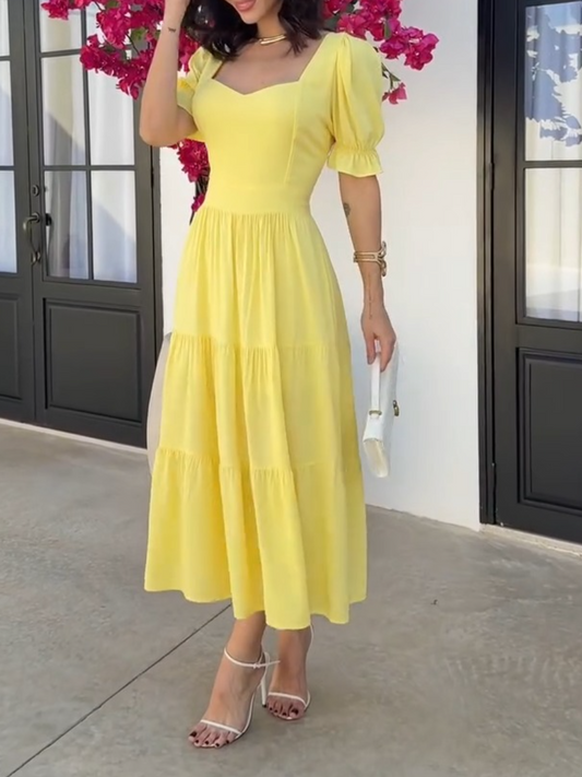 Yellow Puff Sleeve Midi Dress