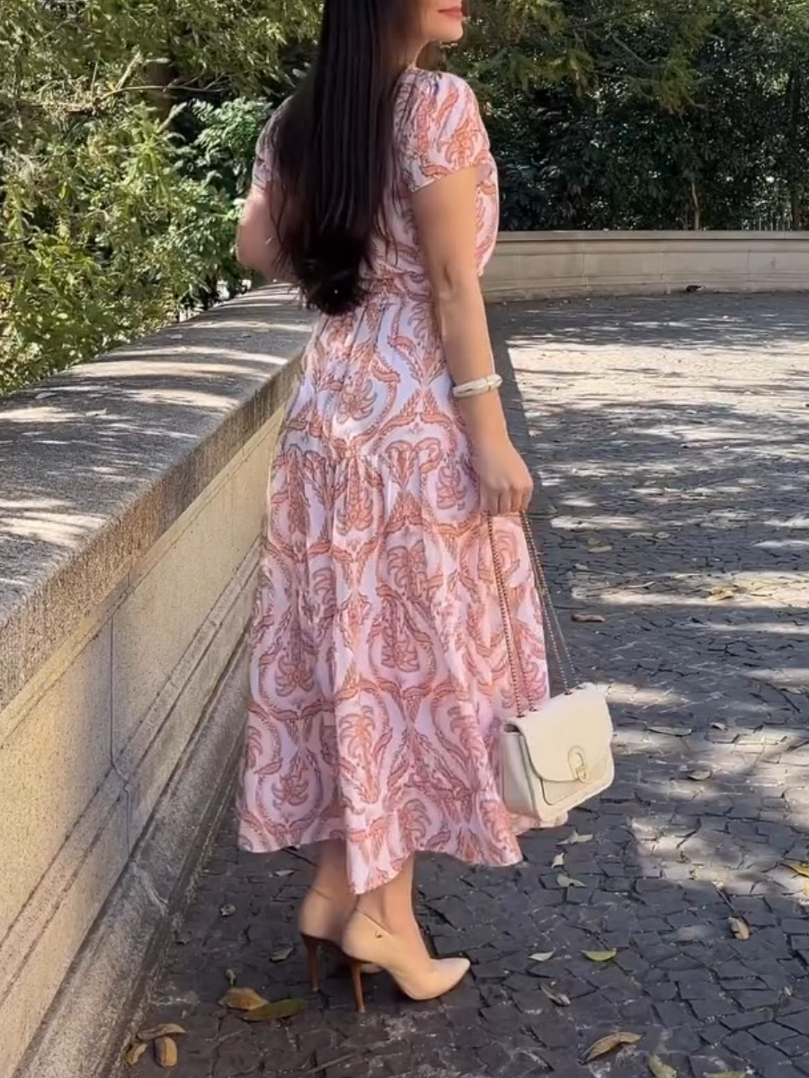 Women Elegant Crew Neck Printed Dress Set
