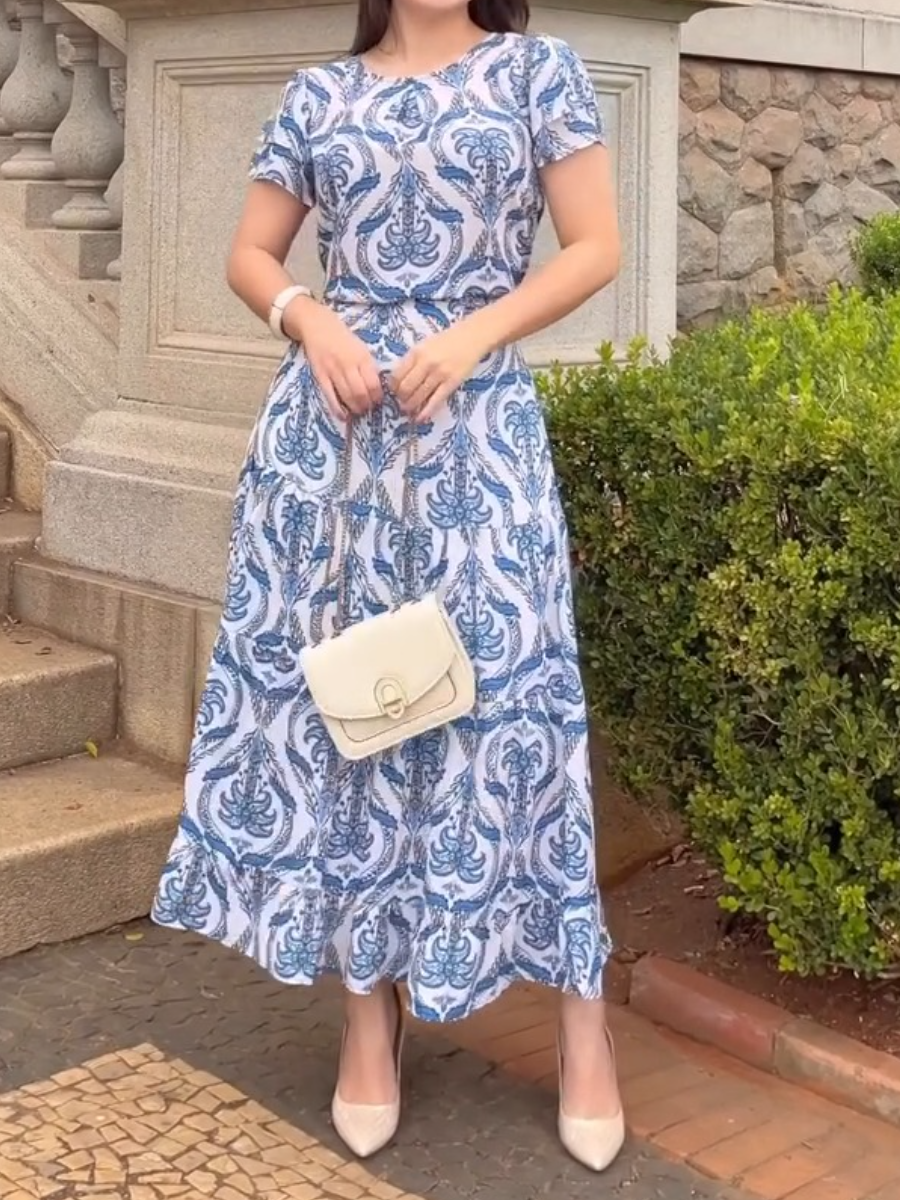 Women Elegant Crew Neck Printed Dress Set