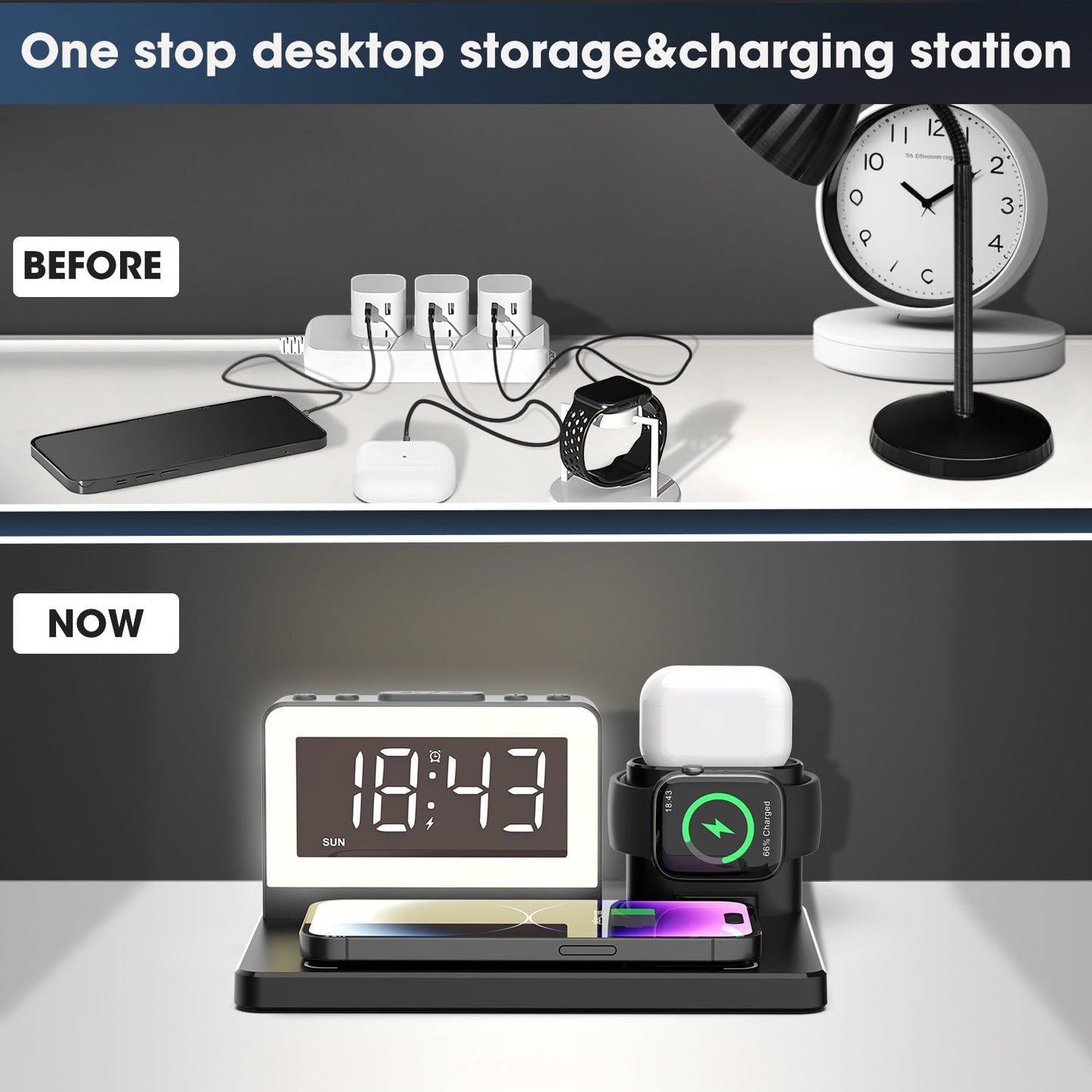 🔥Limited time 49% OFF📲7 in 1 Charging Station with Clock, Wireless Charger with Night Light