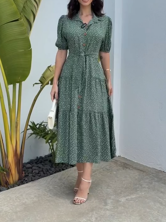 Neck Polka Dot Ruffle Hem Midi Dress