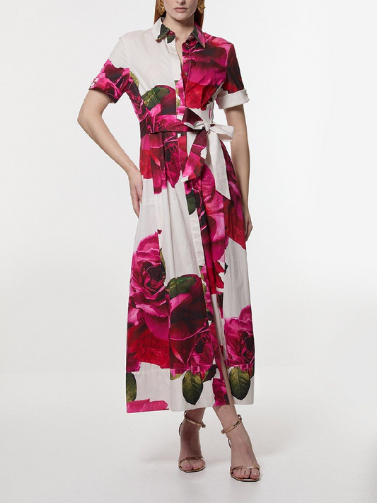 Sateen Floral Placed Woven Midi Shirt Dress