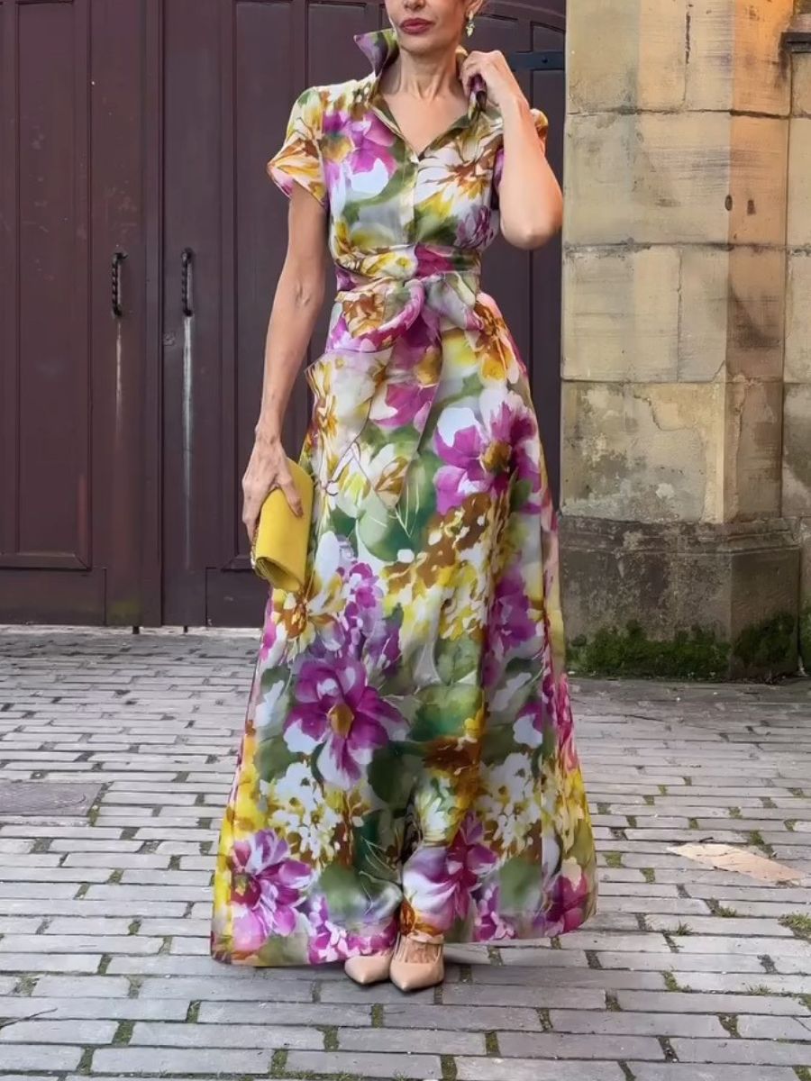 (⏰New Arrivals Promotion $20 OFF) Elegant Short Sleeve Floral Maxi Dress