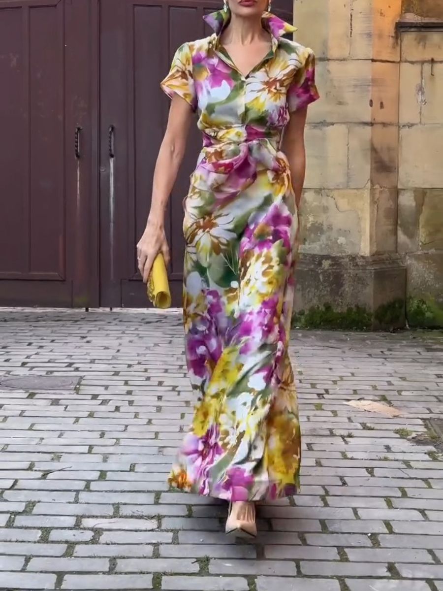 (⏰New Arrivals Promotion $20 OFF) Elegant Short Sleeve Floral Maxi Dress