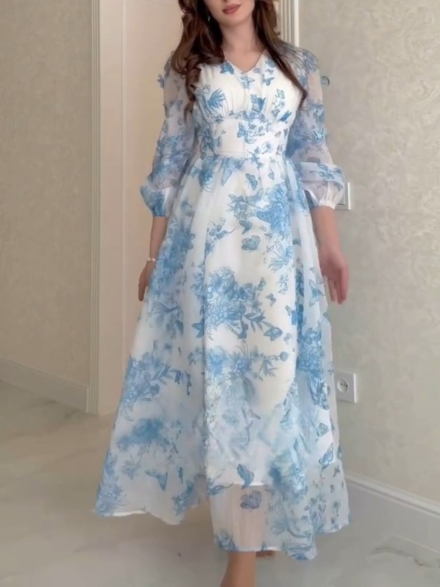 Butterfly Printed Puffy Sleeve Maxi Dress