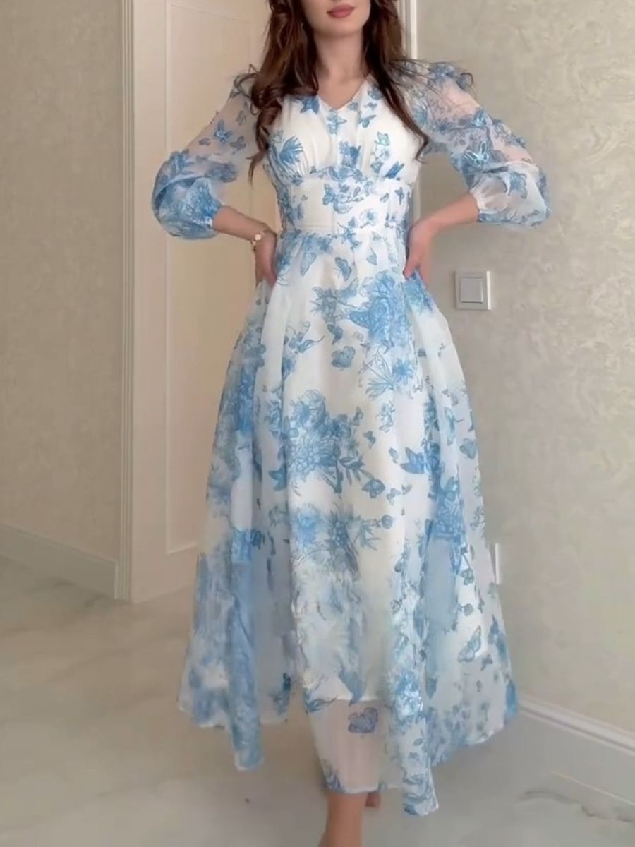 Butterfly Printed Puffy Sleeve Maxi Dress