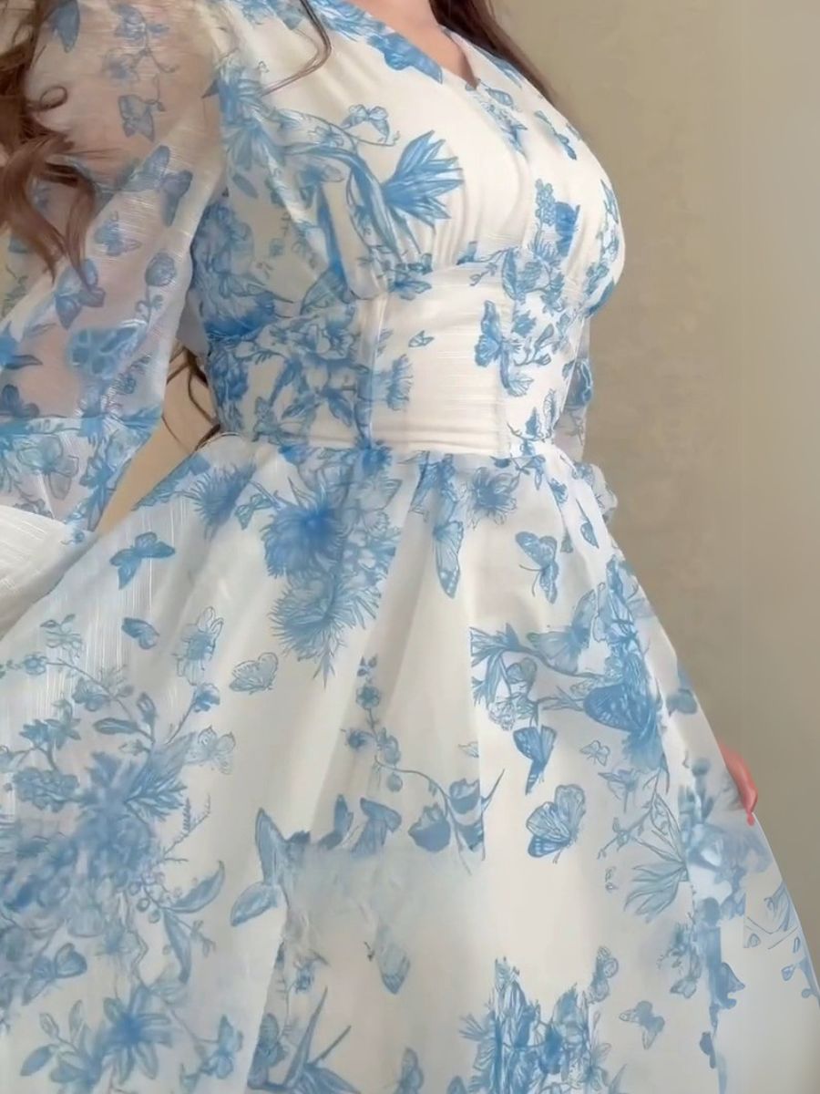 Butterfly Printed Puffy Sleeve Maxi Dress