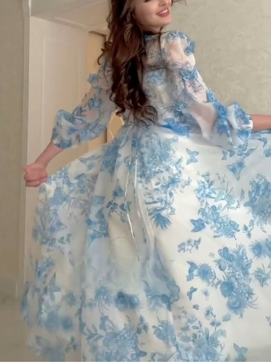 Butterfly Printed Puffy Sleeve Maxi Dress