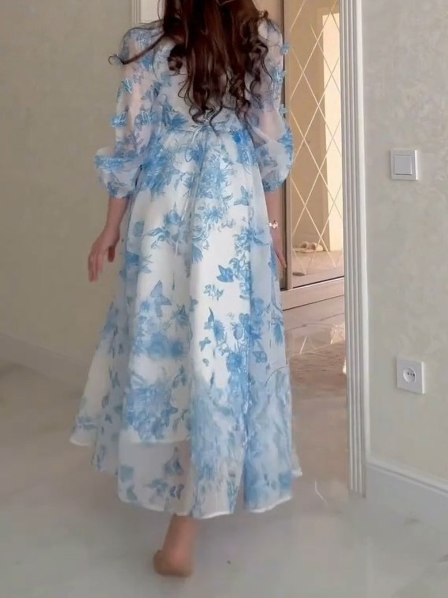 Butterfly Printed Puffy Sleeve Maxi Dress