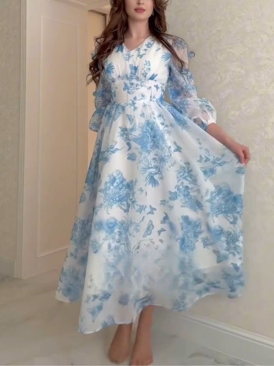 Butterfly Printed Puffy Sleeve Maxi Dress