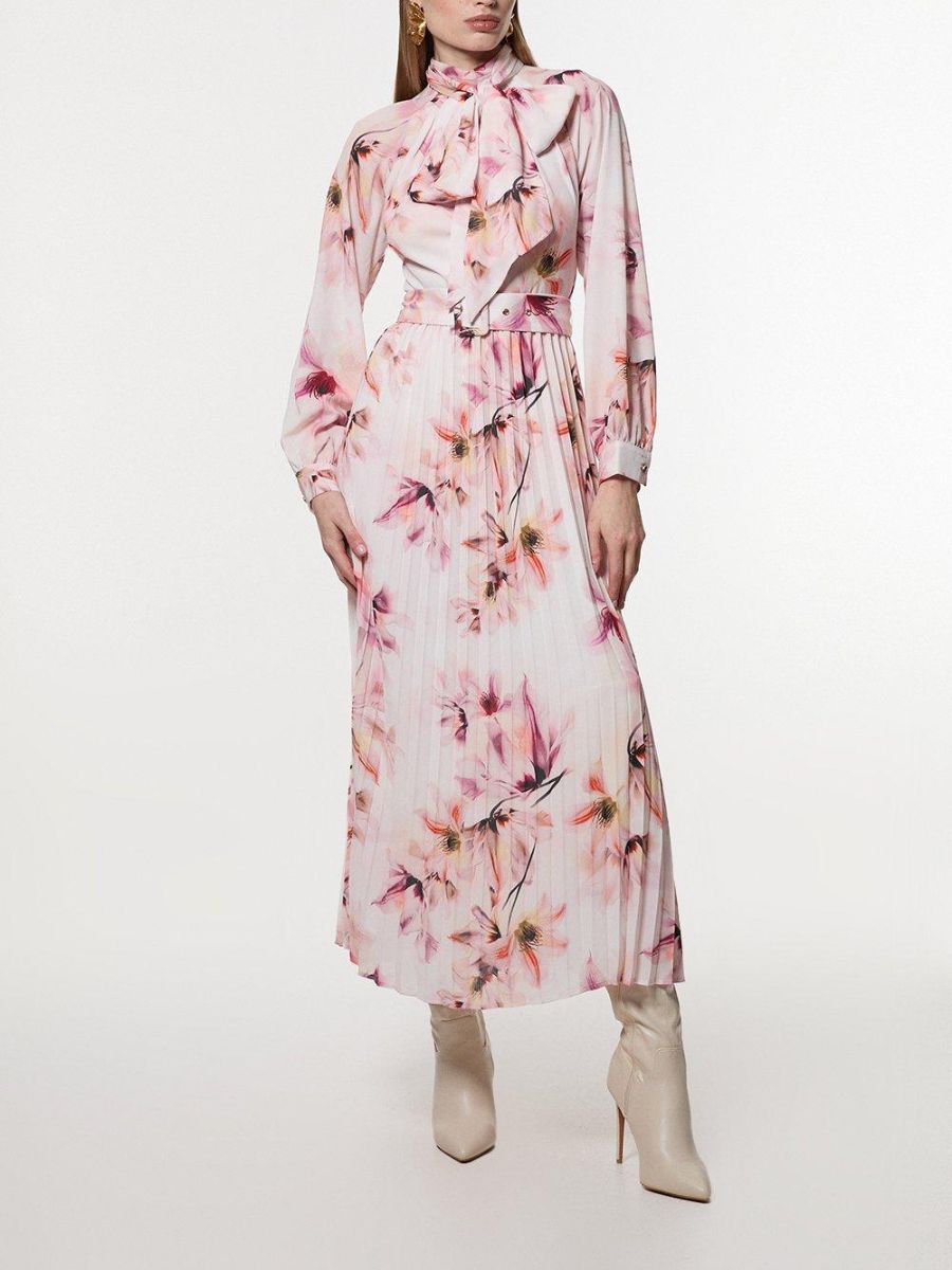 Tie Neck Woven Belted Floral Print Maxi Dress