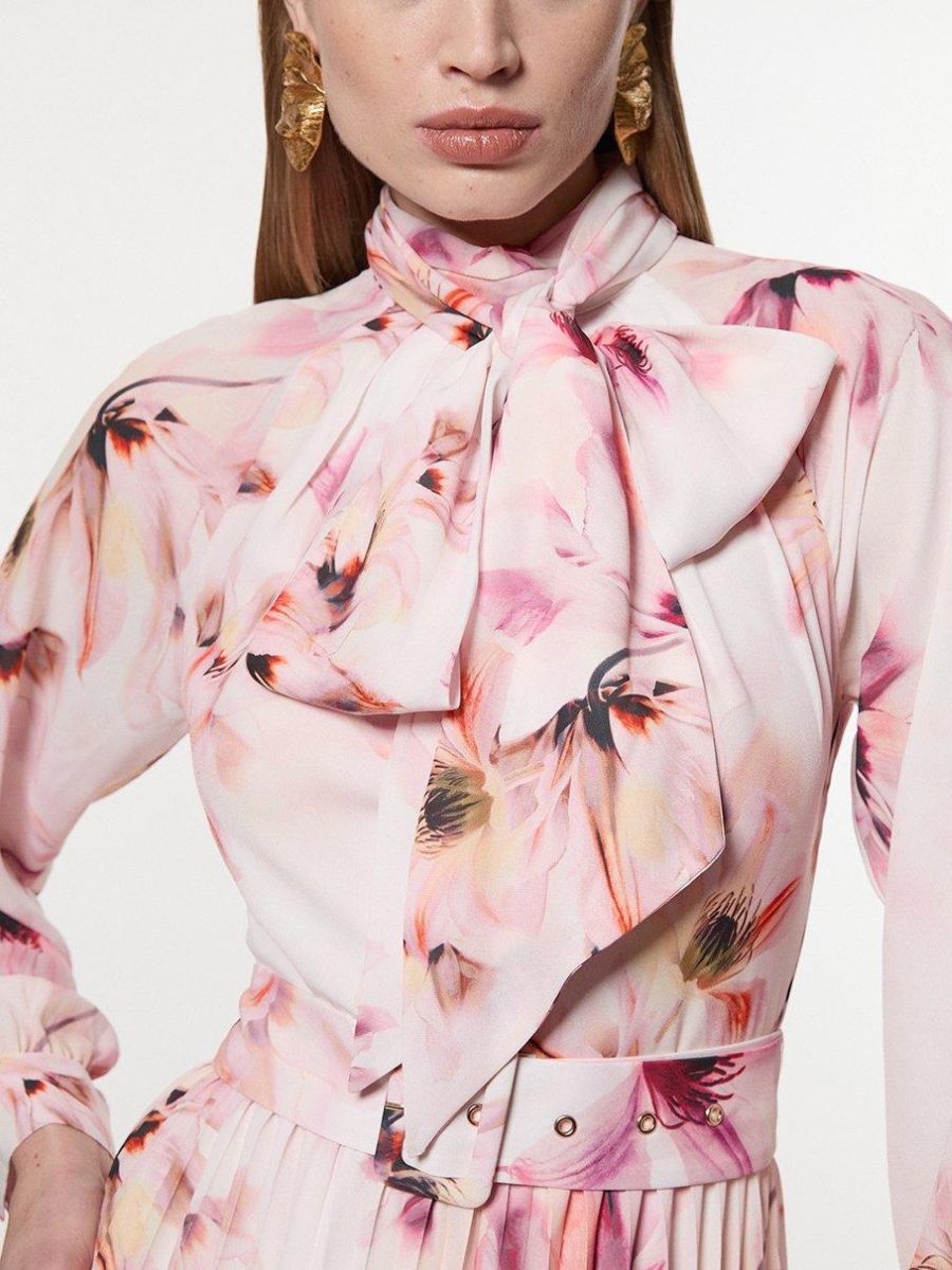 Tie Neck Woven Belted Floral Print Maxi Dress