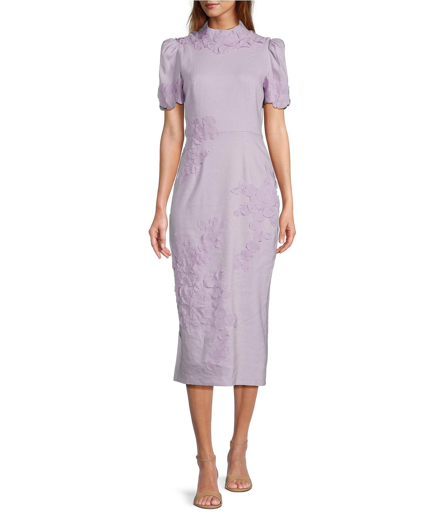 Willow Floral Applique Short Sleeve Mock Neck Midi Dress