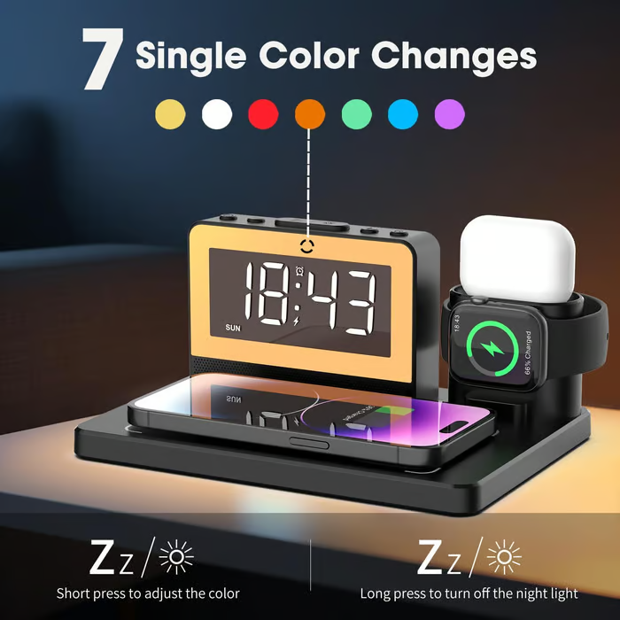 🔥Limited time 49% OFF📲7 in 1 Charging Station with Clock, Wireless Charger with Night Light