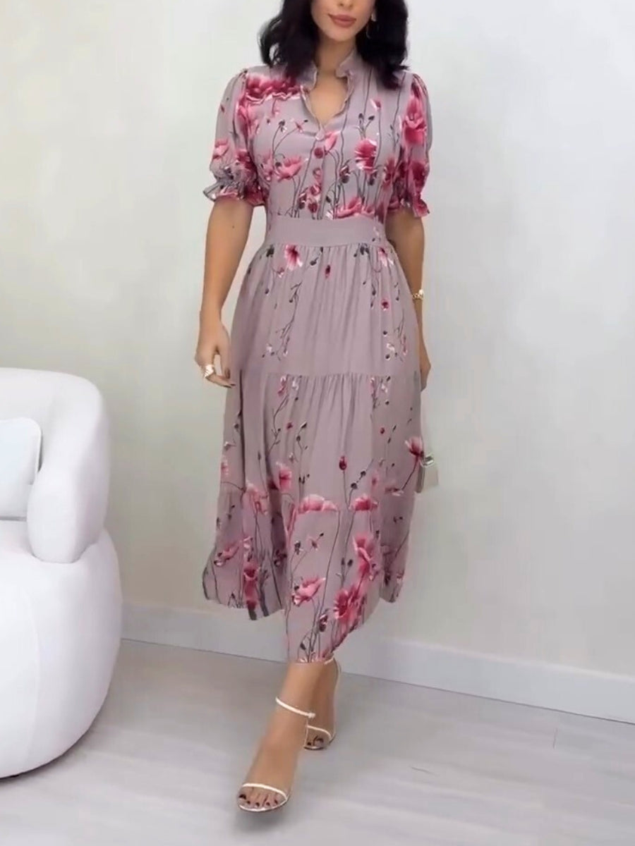 V-Neck Wrapover Floral Print Short Sleeve Summer Dress
