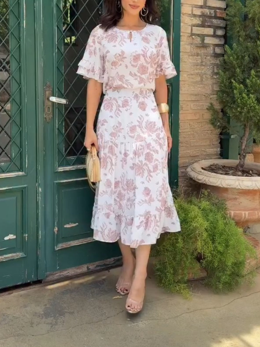 Green Floral Frill Sleeve Belt Midi Dress