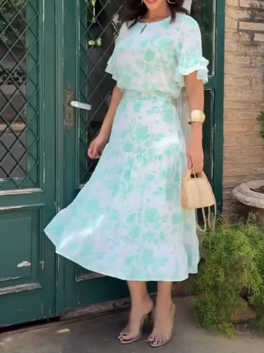 Green Floral Frill Sleeve Belt Midi Dress