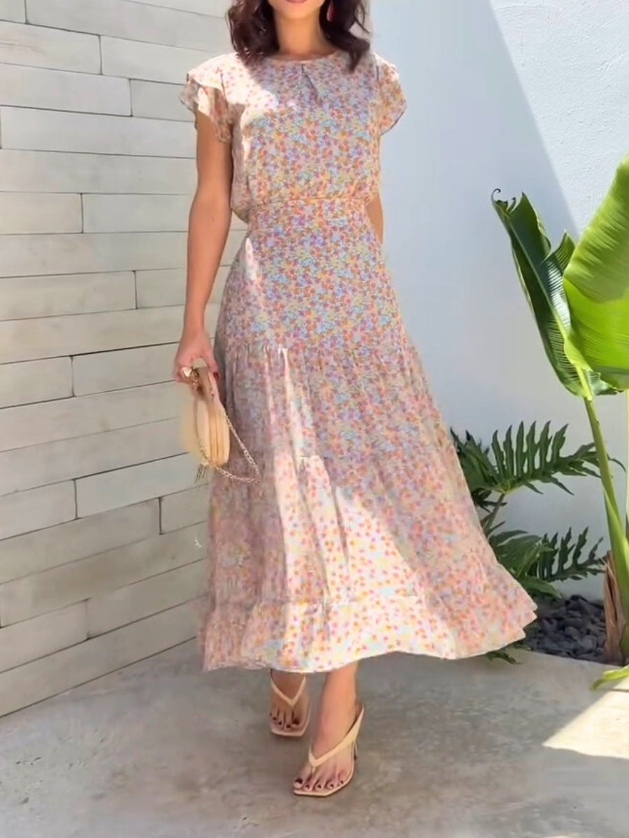 Green Floral Frill Sleeve Belt Midi Dress