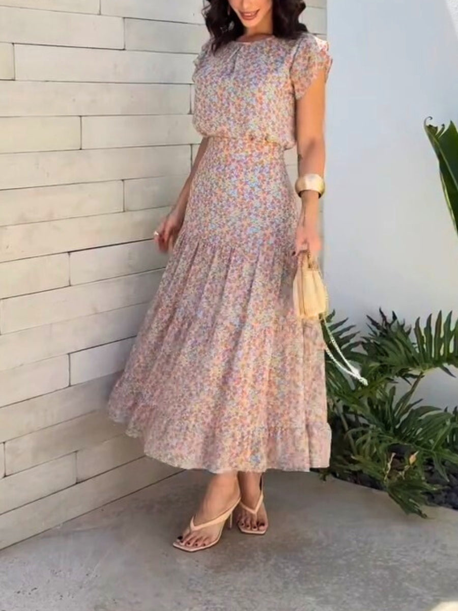 Green Floral Frill Sleeve Belt Midi Dress